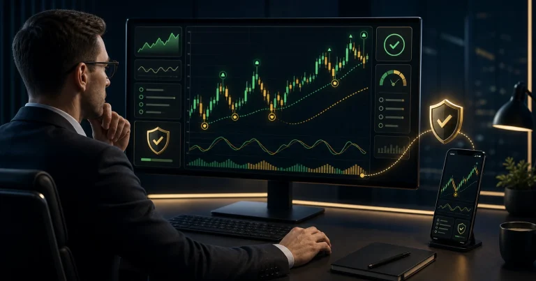 Analyst evaluating a forex signal indicator with risk controls